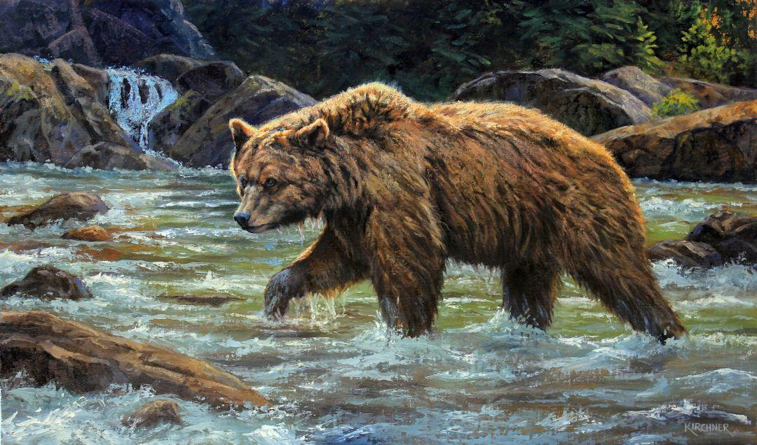 nature art, grizzly bear, grizzly bear hunting, grizzly bear fishing, Leslie Kirchner, leslie kirchner art, leslie kirchner paintings, grizzly bear art, grizzly bear painting, grizzly bear artwork, leslie kirchner grizzly bear painting, fish hunter grizzly bear